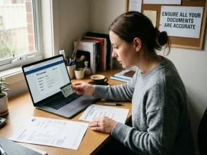 Person reviewing identity documents beside a laptop and payment records