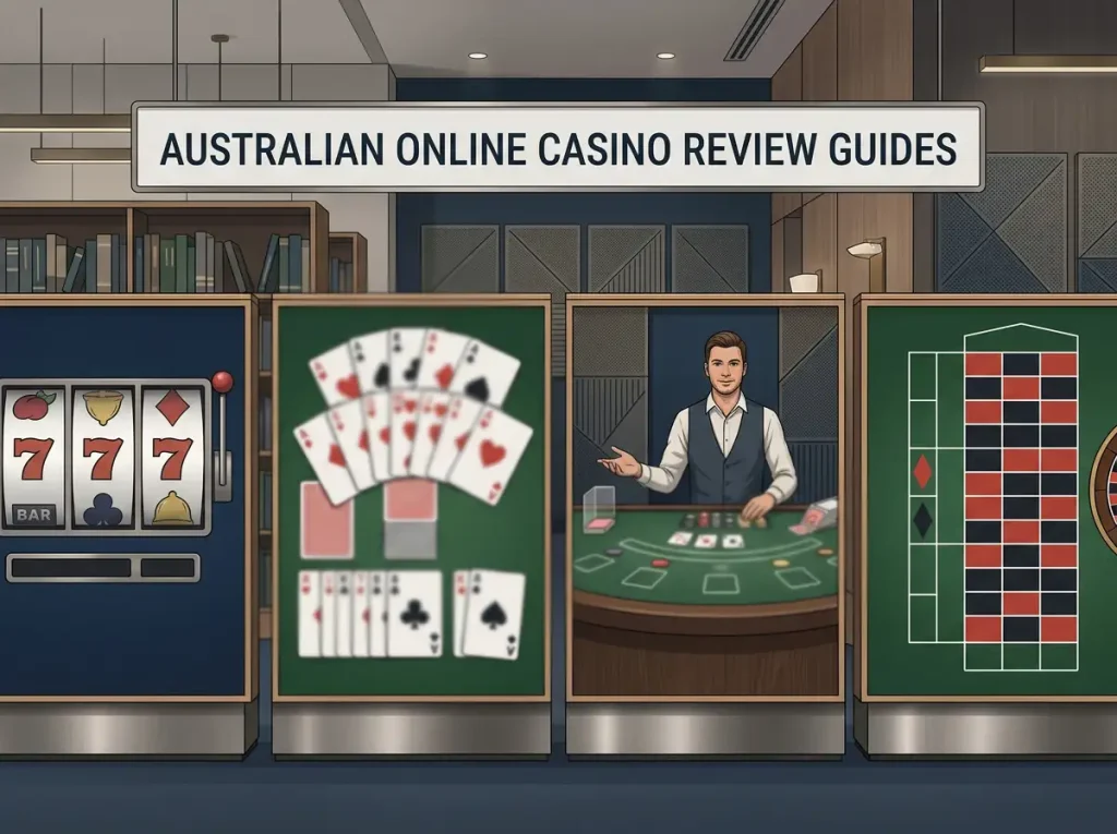 Slot reels, playing cards and a live-dealer table arranged in a digital casino library