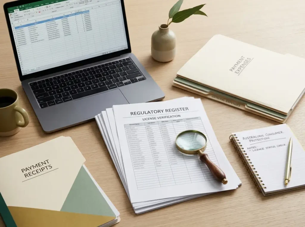Licence register documents and consumer-protection notes beside a laptop