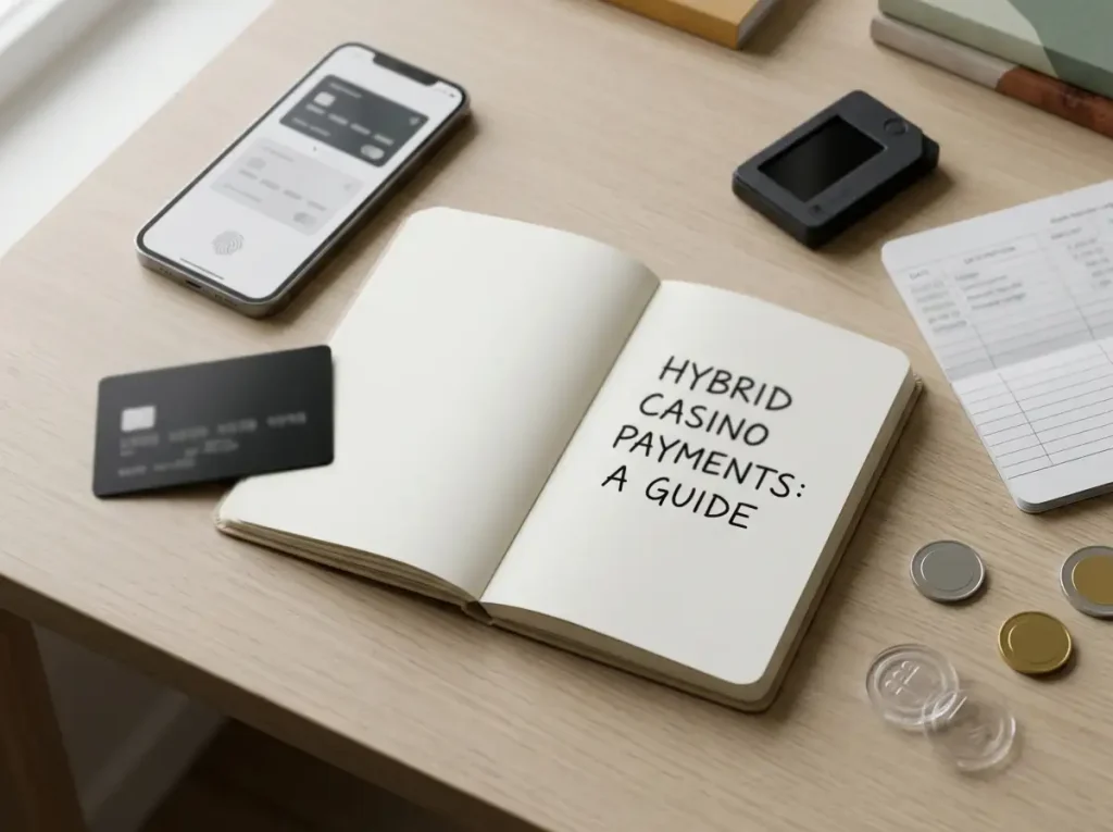 Bank card, digital wallet and cryptocurrency symbols arranged beside a payment ledger