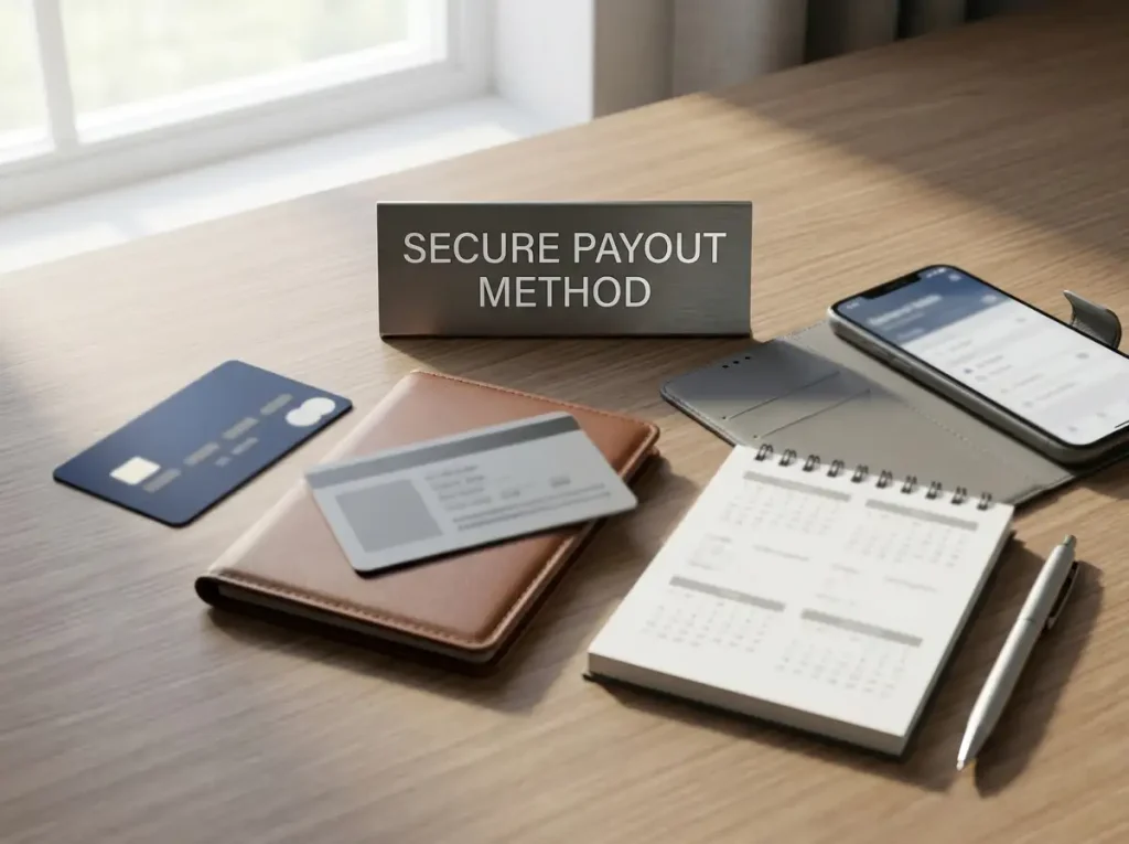 Payment card, identity document and calendar arranged as a cashout workflow