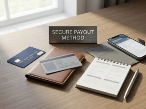 Payment card, identity document and calendar arranged as a cashout workflow
